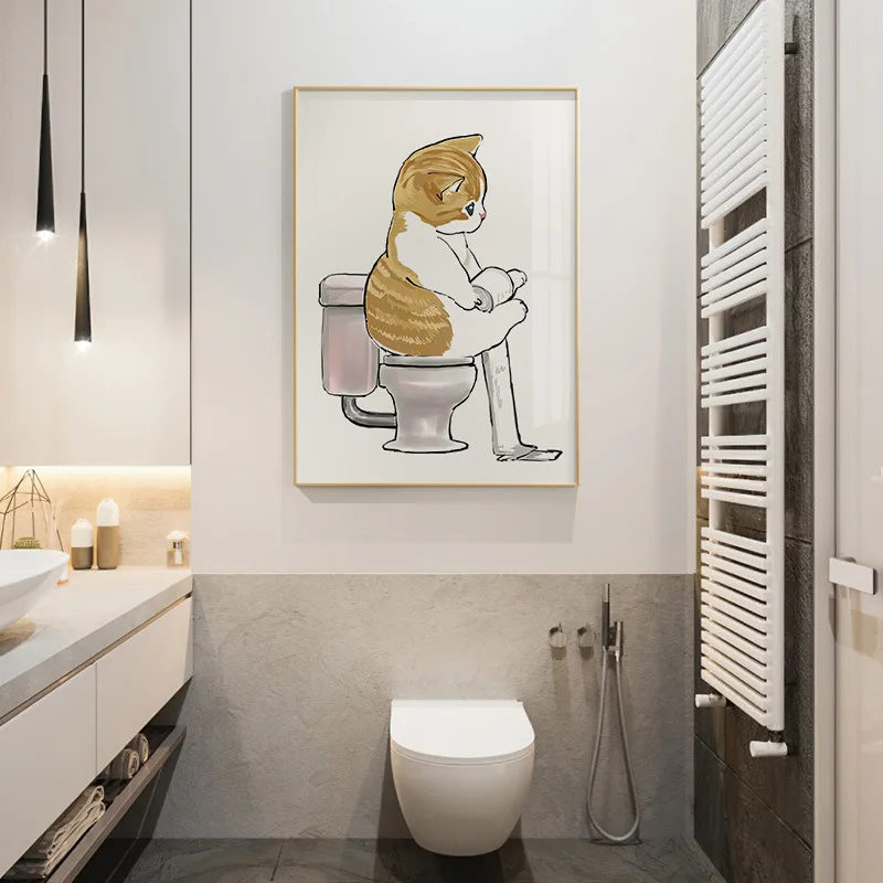 Funny Cat Bathroom Wall Art Canvas Print Orange Tabby Cat Using Phone Toilet Cute Humorous Minimalist Neutral Home Decor