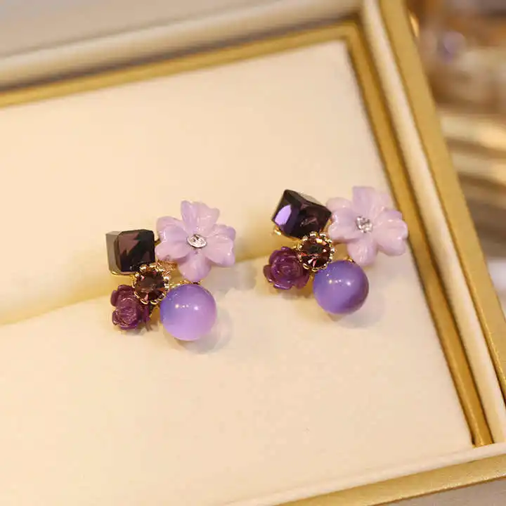 Retro Purple Crystal Flower Earrings with Small Design Sense Earrings 2024 New Earrings with Gentle Temperament