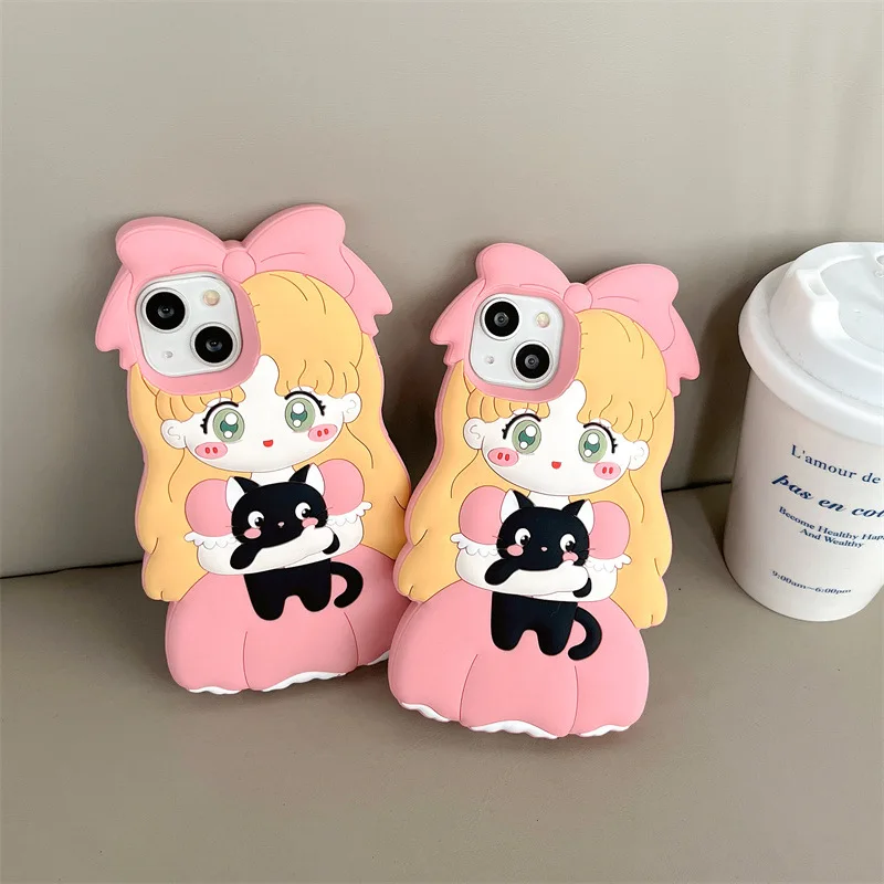 Shockproof Rubber Cover Silicone Panda Cartoon Hugging Cat Girl Cute Phone Case for Apple iPhone 15 14 13 12 pro max 11