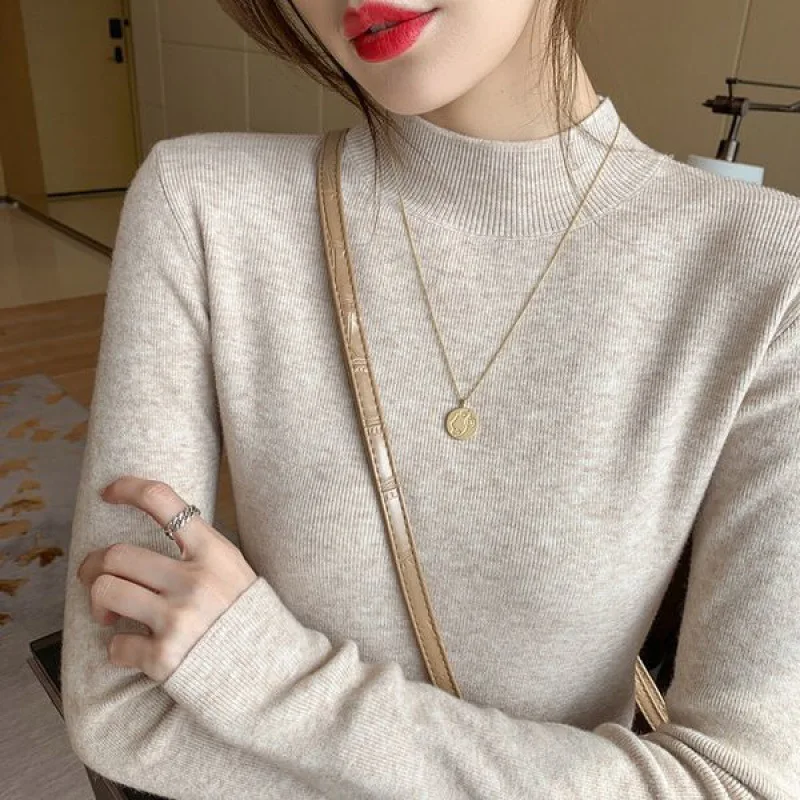 2023 Fashion Women Knitwear Stand Collar Turtleneck Pullover Base Tops Long Sleeve Lady Spring Autumn Knit Slim Casual Sweater