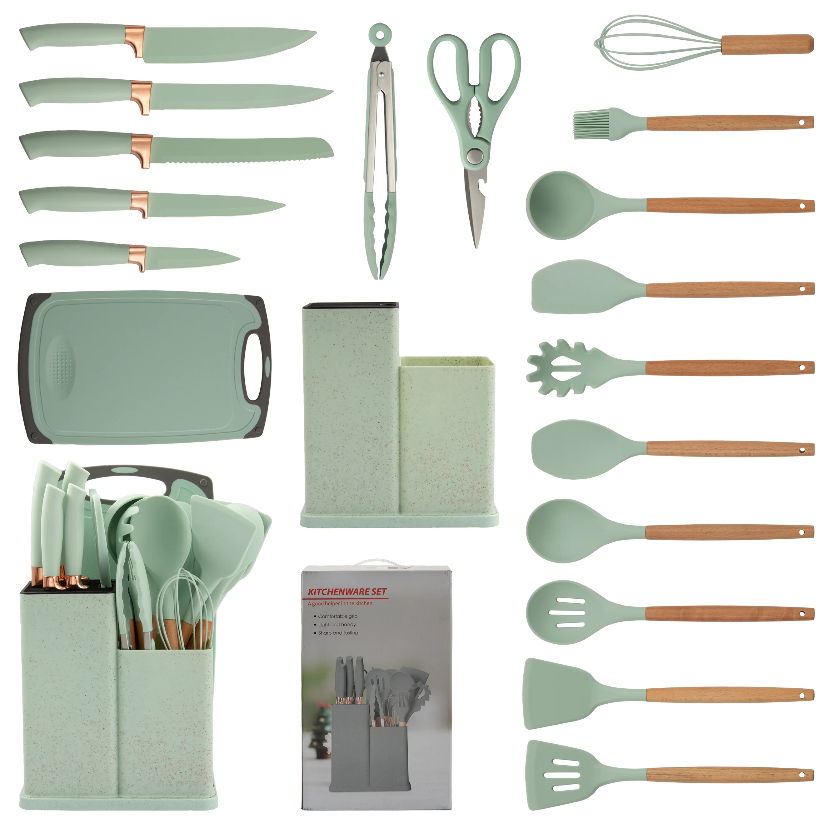 Newest 19 Piece Set Of Silicone Kitchen Utensil Set With Wooden Handle And Cuttings Board Storage Bucket Kitchen Gadget Set