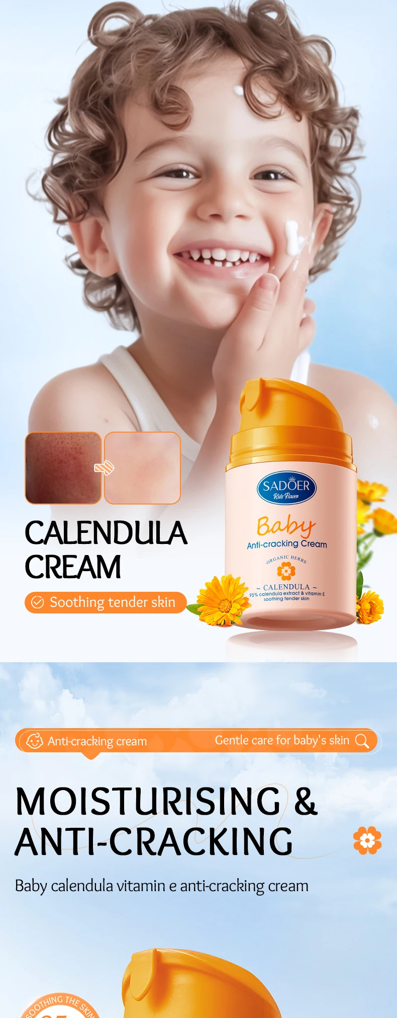 product organic skincare sadoer childrens calendula vitamin e gentle soothing anti chafing repairing moisturizing cream for children-2