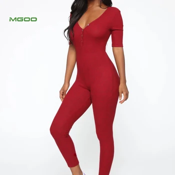 MGOO Custom Quarter Sleeve Red Stretch Sexy Ribbed Adult Women Pajama Jumpsuit Onesie