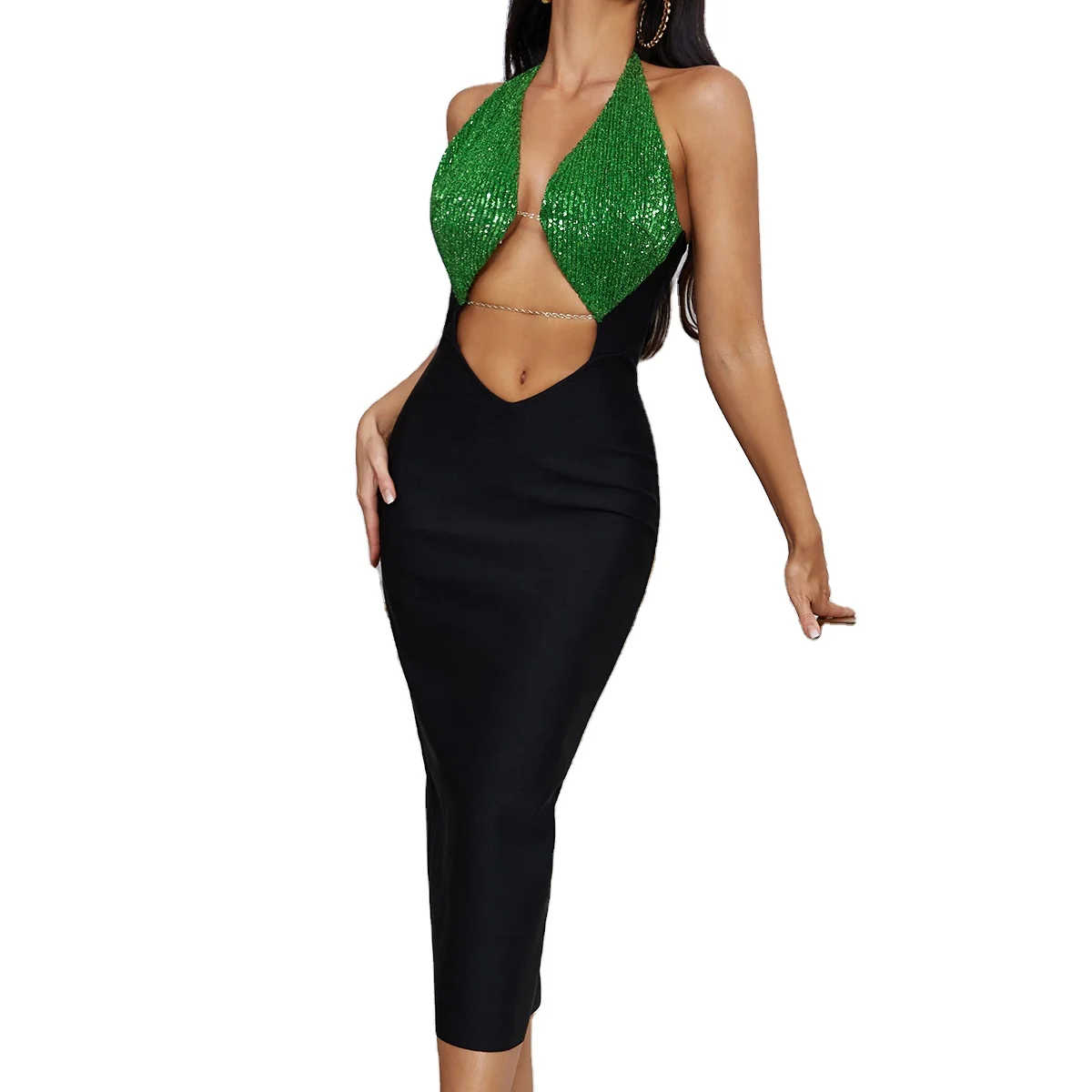 Women Simple Black With Green Sequined Sexy Hollow Out Backless Halter Neck Back Slit Slim Evening Dress