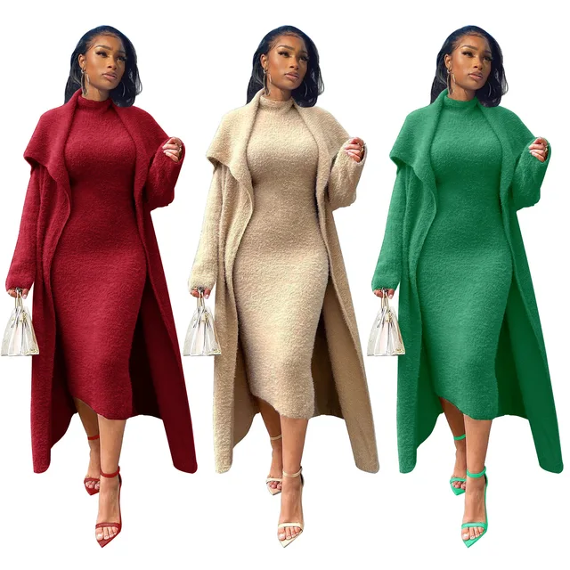 Women's Long Sleeve Velvet Dress with Coat and Cardigan Plus Size 2023 Spring Collection Summer 2-Piece Outfits with Belt