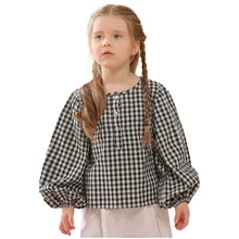 Autumn baby girl cotton plaid long sleeve shirts casual loose puff sleeve kids girls blouse children's clothes tops