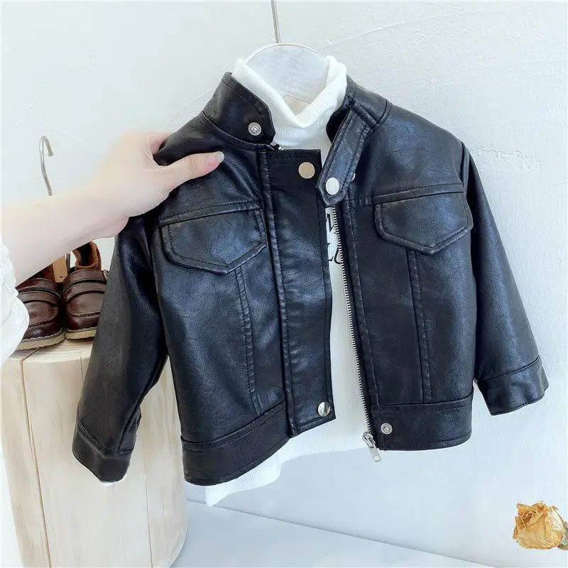 Wholesale children classic black biker jackets kids PU coats little baby boys girls leather jackets outwear for boys