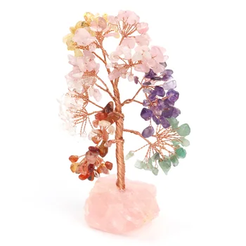 Natural Healing Gemstone Crystal Rose Quartz Based Bonsai 7 Chakra Mini Fortune Money Tree for Good Luck For Decoration Gifts