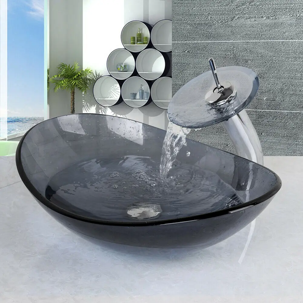 Oval Tempered Glass Bathroom Basin/Bowl Sink Chrome Mixer Brass Faucet Drain Set 