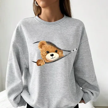 Women's long-sleeved sweatshirt with happy bear pattern, women's casual and comfortable crewneck sweatshirt for women