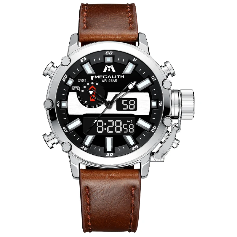 Megalith 8229 Luxury Waterproof Leather Quartz Dual Display Waterproof