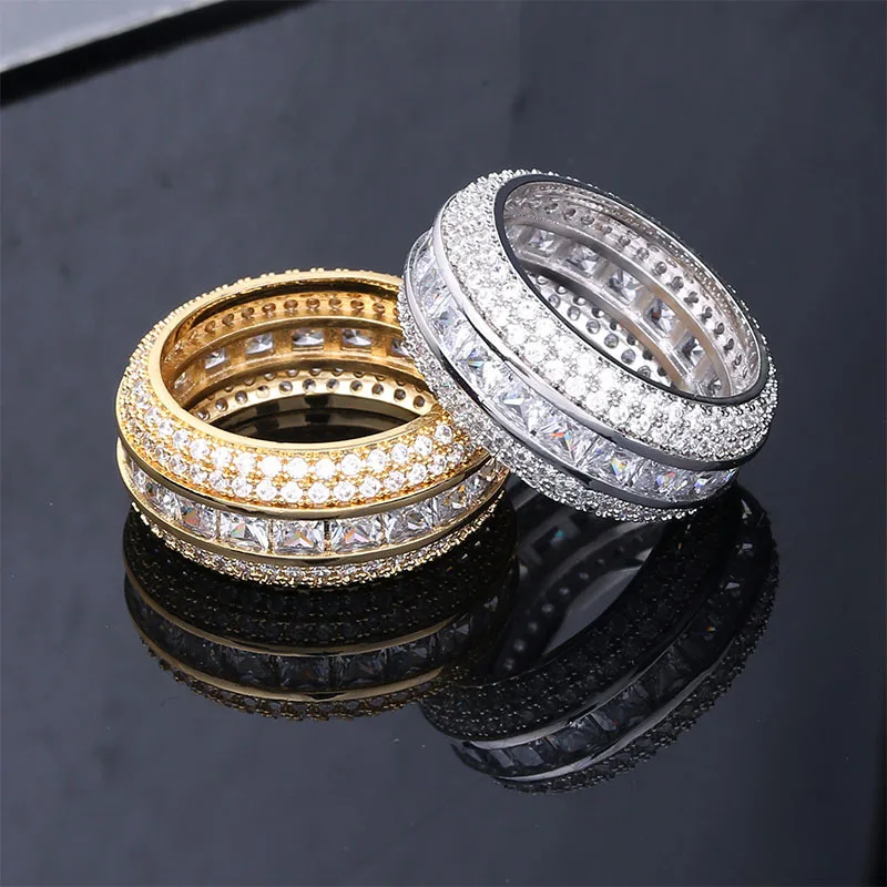 whole sale iced gold plated 5 Rows AAA Cubic Zircon Stones Luxury Engagement Ring Women Charms iced out ring