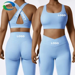 Custom summer 2023 Workout clothing Ropa Deportiva Mujer Gym Fitness Sports Bra V Shape Leggings with Pockets Women Yoga Sets