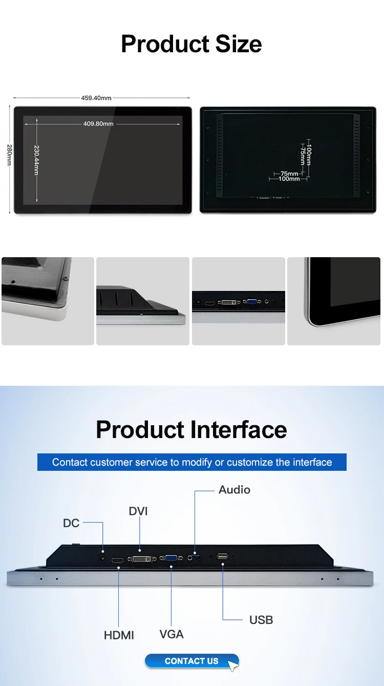 Industrial 18.5 Inch LCD Monitor PCAP Capacitive Touch Screen VGA HD TFT Wall Mount Kit USB Aluminum Frame New EETI Desktop