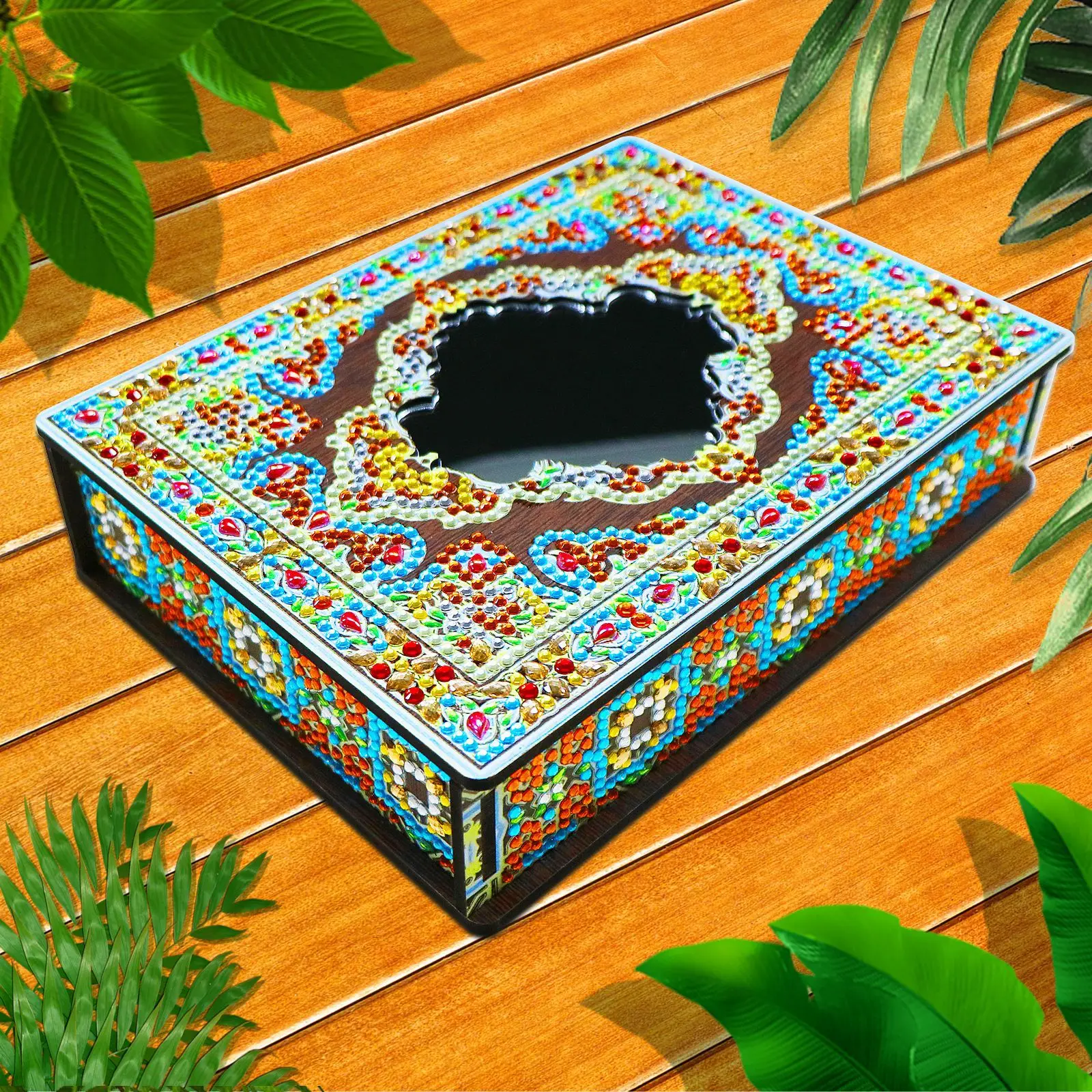 Mandala jewelry organizer wooden box with mirror diy storage case drilled with diamond