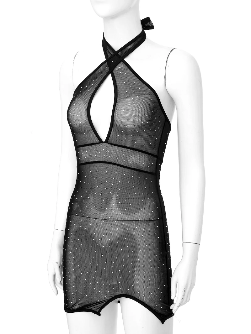 Womens Sparkling Rhinestone Sheer Mesh Halter Backless Mini Dress For