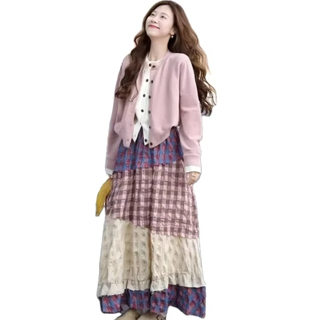 Korean style elastic waistband A-line spliced printed long skirt, casual and versatile, new fashionable half skirt