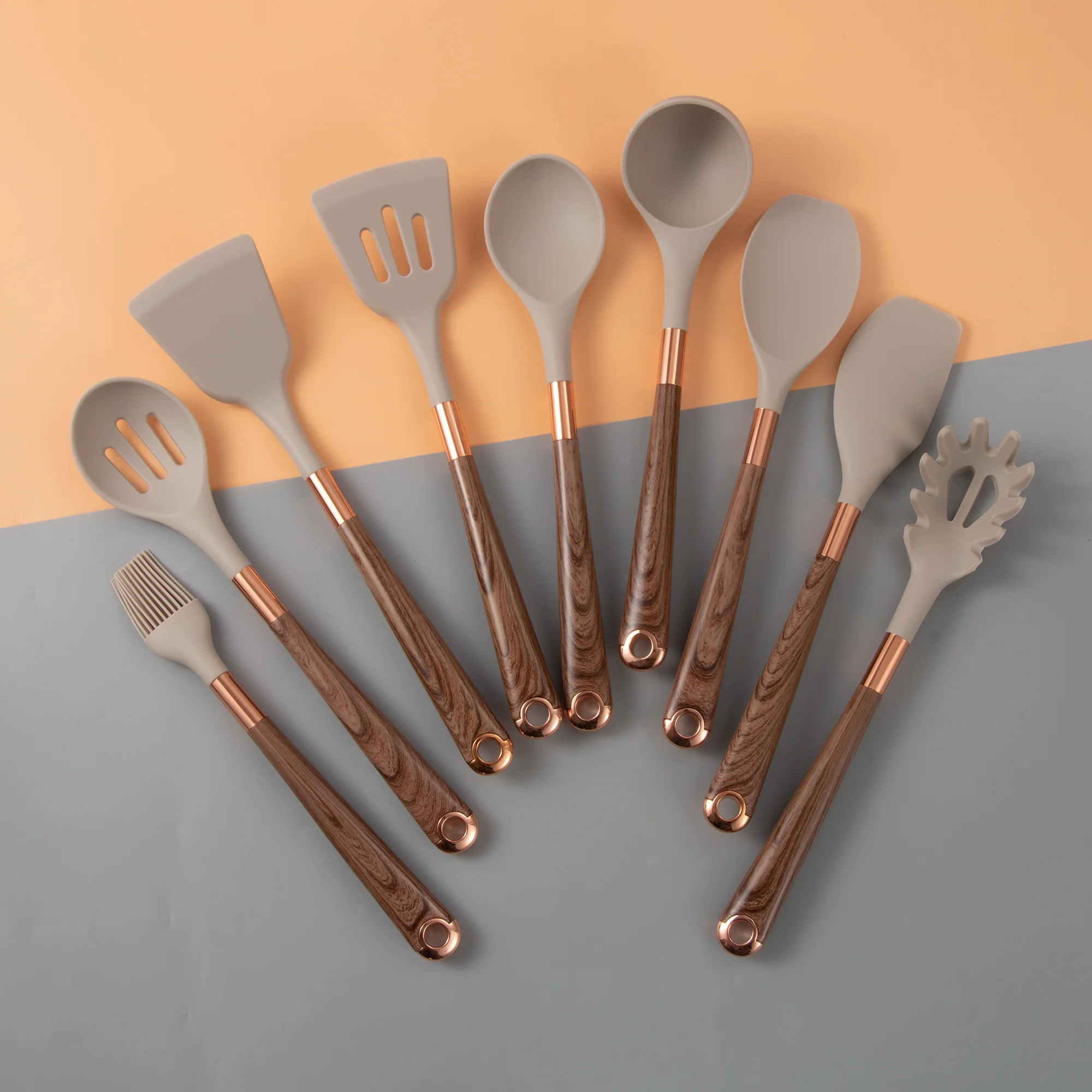 Hot Selling 10pcs Kitchen Utensil Set With Wood Grain Coating Treatment Silicone Kitchenware Set