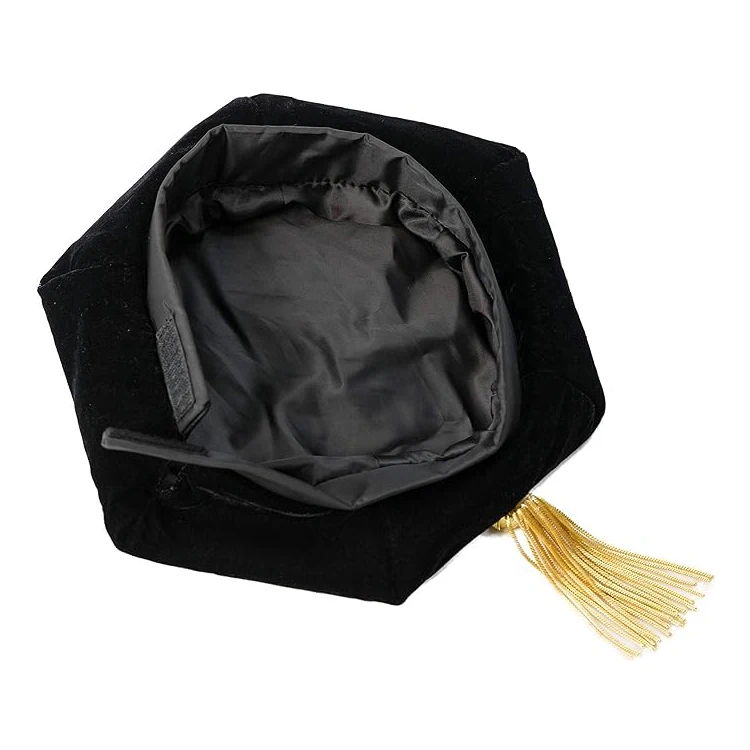 4/6/8 Sided Black Velvet Doctoral Tam Academic Cap With Golen Bullion Two Button Tassel supplier