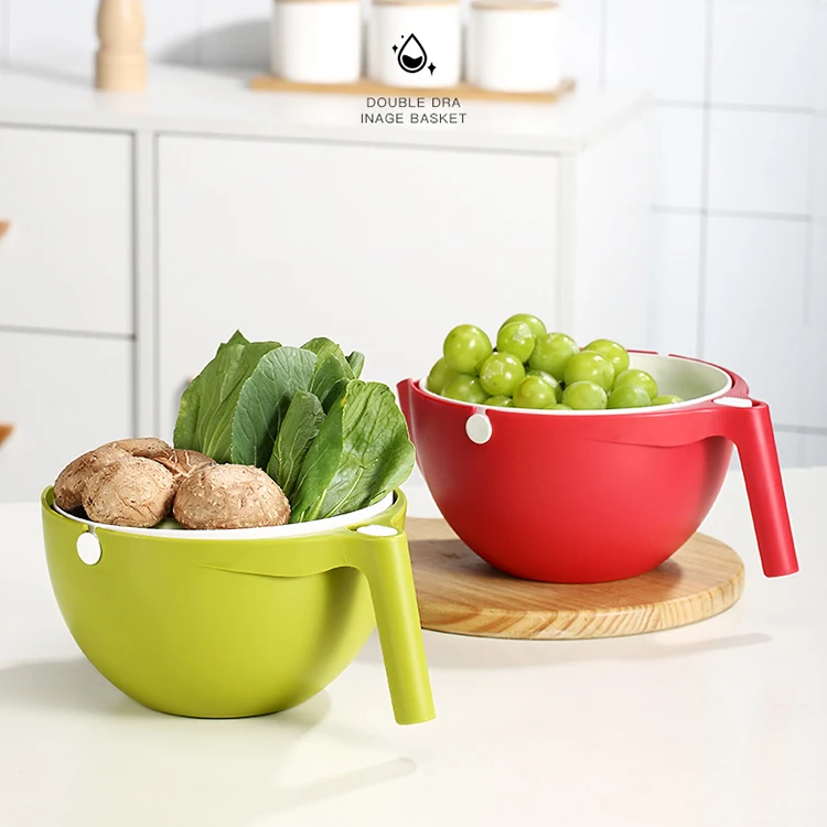 YangDa kitchen 360 degree rotating wheat straw plastic colander and bowl for washing fruits and vegetables