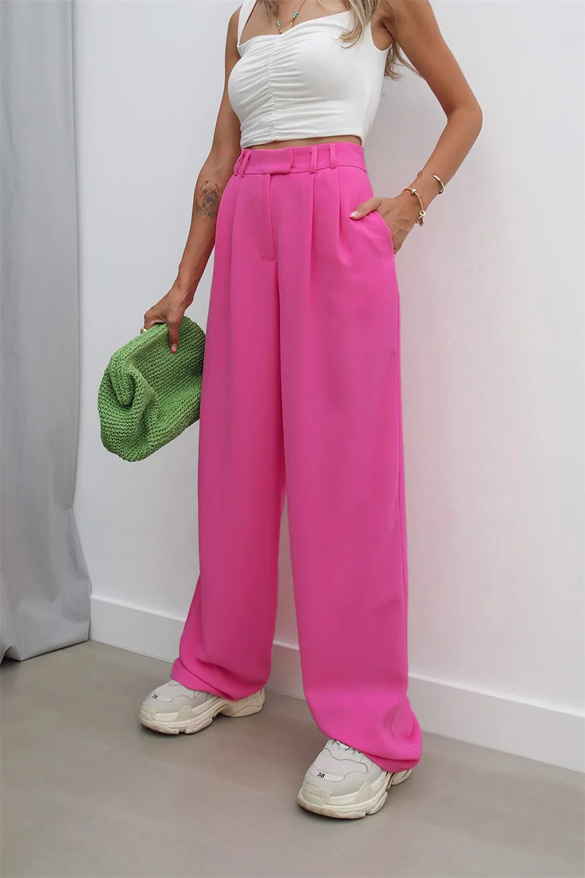 Summer New Fashion Leisure Straight Pants Thin Wide Leg Pants for Women Suit Pants Pink European and American