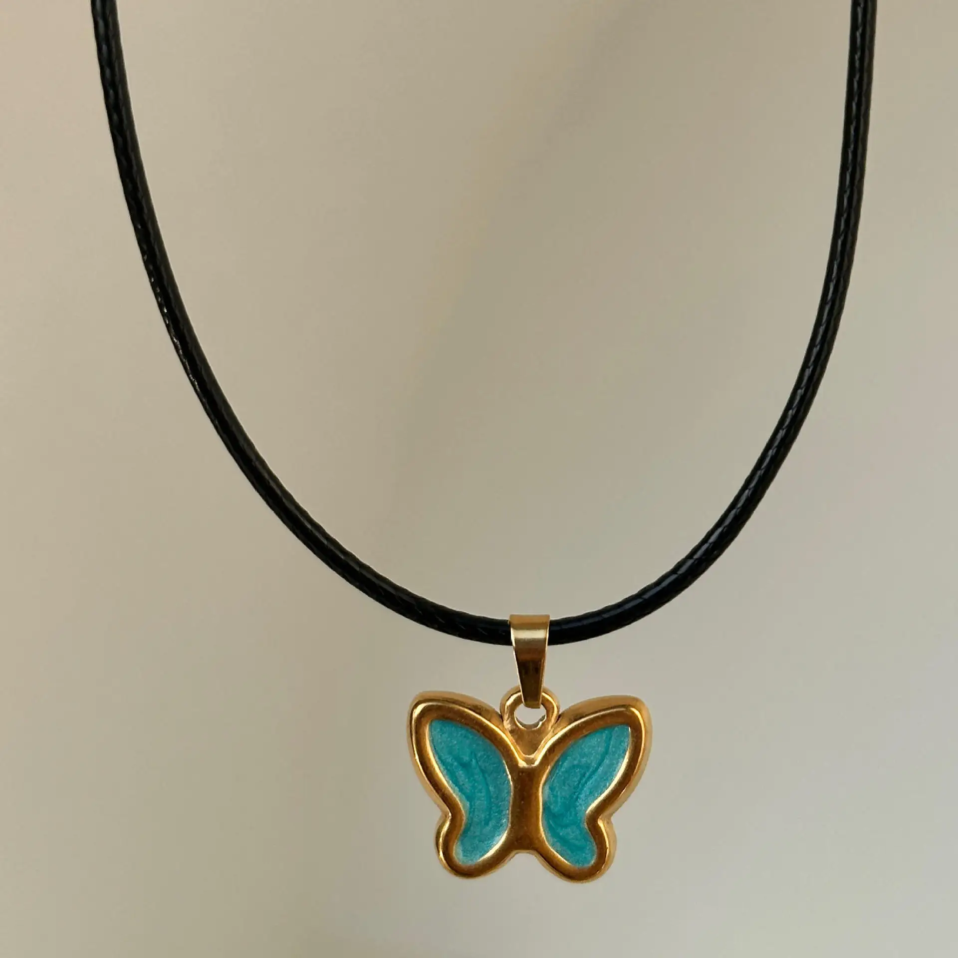 2023 new fashion black leather necklace 18k gold plated enamel butterfly choker necklace
