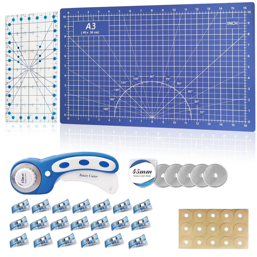 Quilting Rotary Cutter set incl. 6.5X12&quot; Ruler A3 Cutting Mat, 45mm Rotary Cutter, 45mm Rotary Blades