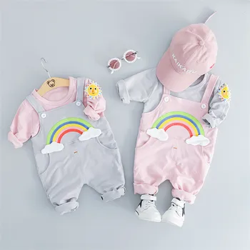 0-3yrs Baby Clothes Set Two Piece Outfits Rainbow Prints Suspender Pant + Long Sleeve T shirt Spring Autumn Toddler Girl Clothes