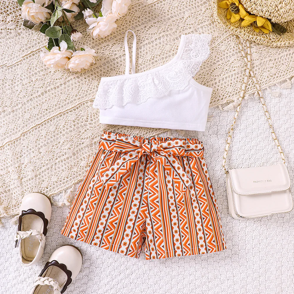 Wholesale summer toddler girls clothing lace edge shoulder strap+shorts boutique two piece clothing for kids