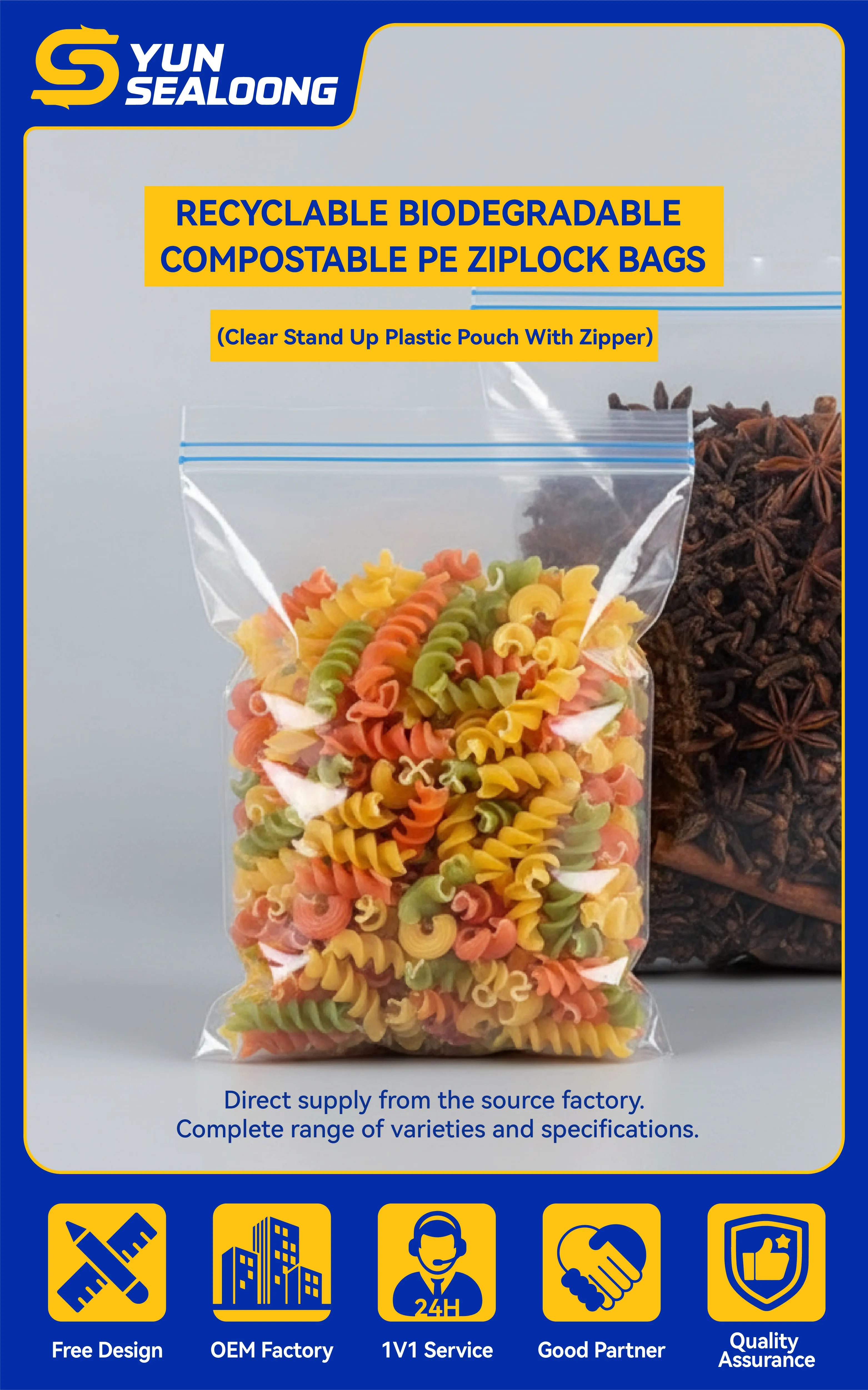 Recyclable Biodegradable Compostable PE Ziplock Bags for Food Packaging Clear Stand up Plastic Pouch with Zipper