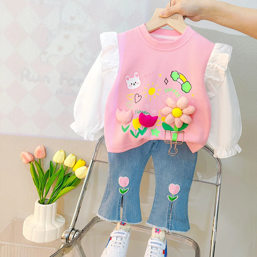 Wholesale Children'S Clothing Spring And Autumn Girls' Tops And Jeans 2-Piece Cute Baby Clothing Sets