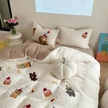 Hot Sale Four-Piece Winter Bedding Set Thickened Lamb Velvet with Embroidered Cartoon Bear and Milk Coral Velvet Quilt Cover