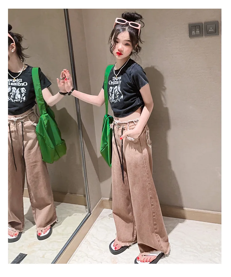 Summer Fashion Teenagers girls clothing Alphabet Print T Shirt Children Jeans With Gradient Raw Hem Wide Leg Pants Two Piece