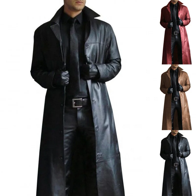 High quality long leather lapel leather jacket for men thickened over knee leather jacket for men