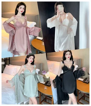 New quality women's summer long sleeve ice silk set Spring and autumn silk open casual thin home ladies nightwear