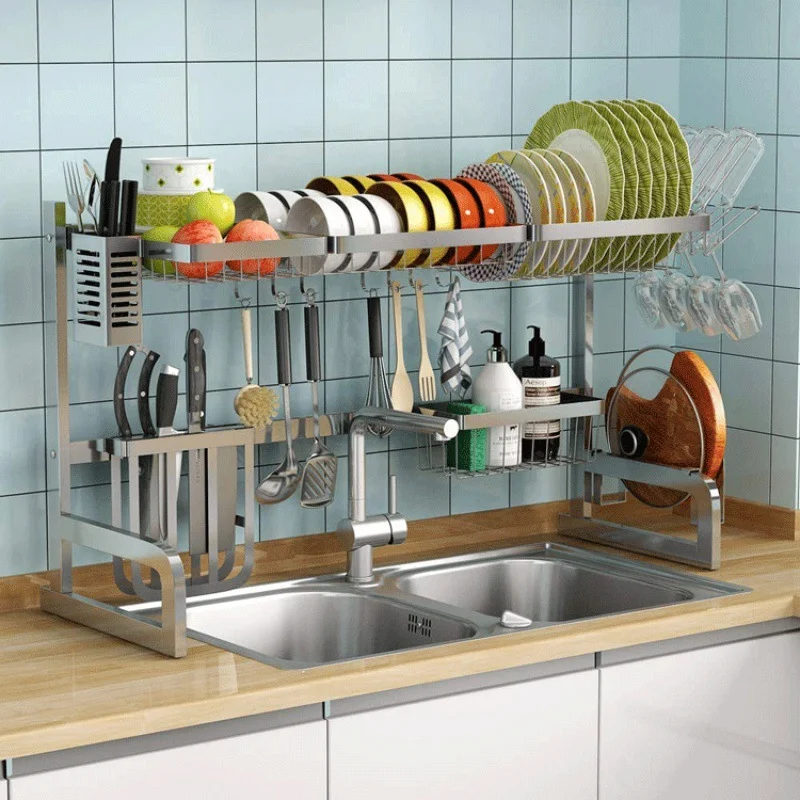 Large capacity black silvery kitchen drying tableware water filtering over the sink rack storage