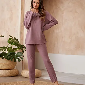 Quanzan Dropshipping Waffle Knit Pajamas Women Winter 2022 New Button Loose Drop Shoulder Tops Elegant Wine Red Cotton Nightwear