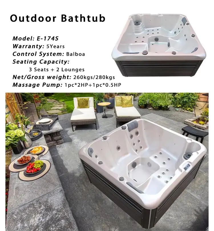 Acrylic Hot Tub Whirlpool Spa Tub with 30 Jets and Balboa BP601G1 + TP500 Control System for 5 People Family Outdoor