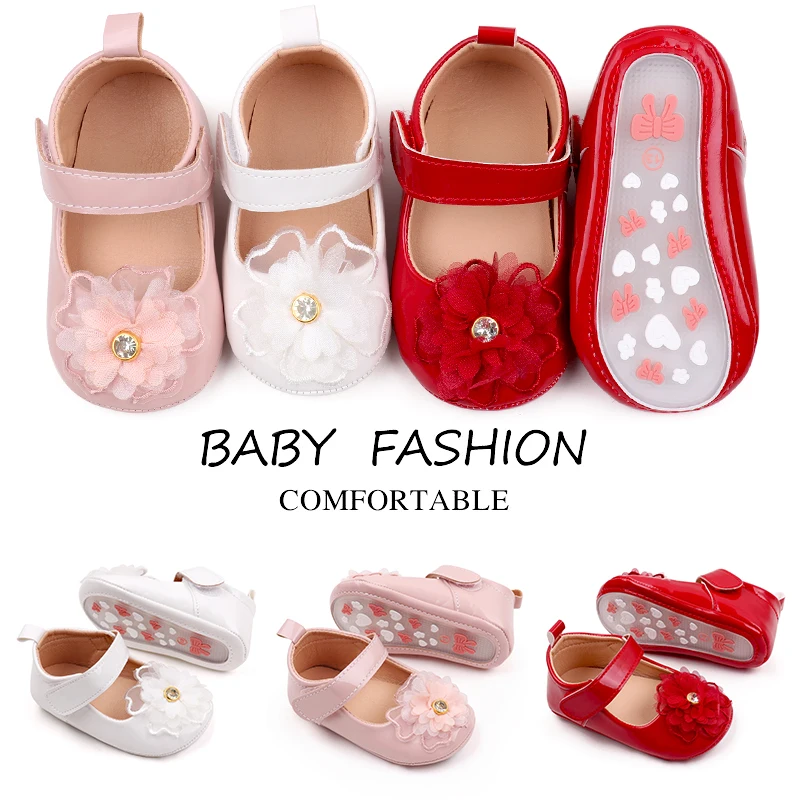 Spring and Autumn Pure Color PU Leather Veil Rhindiamonds Flower Princess Walking Shoes for Baby Girls details