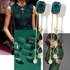 Earrings In Stock Fast Shipping Stylish Long Chain Drop Fashion Gold Plated Emerald Crystal Alloy Drop Earrings