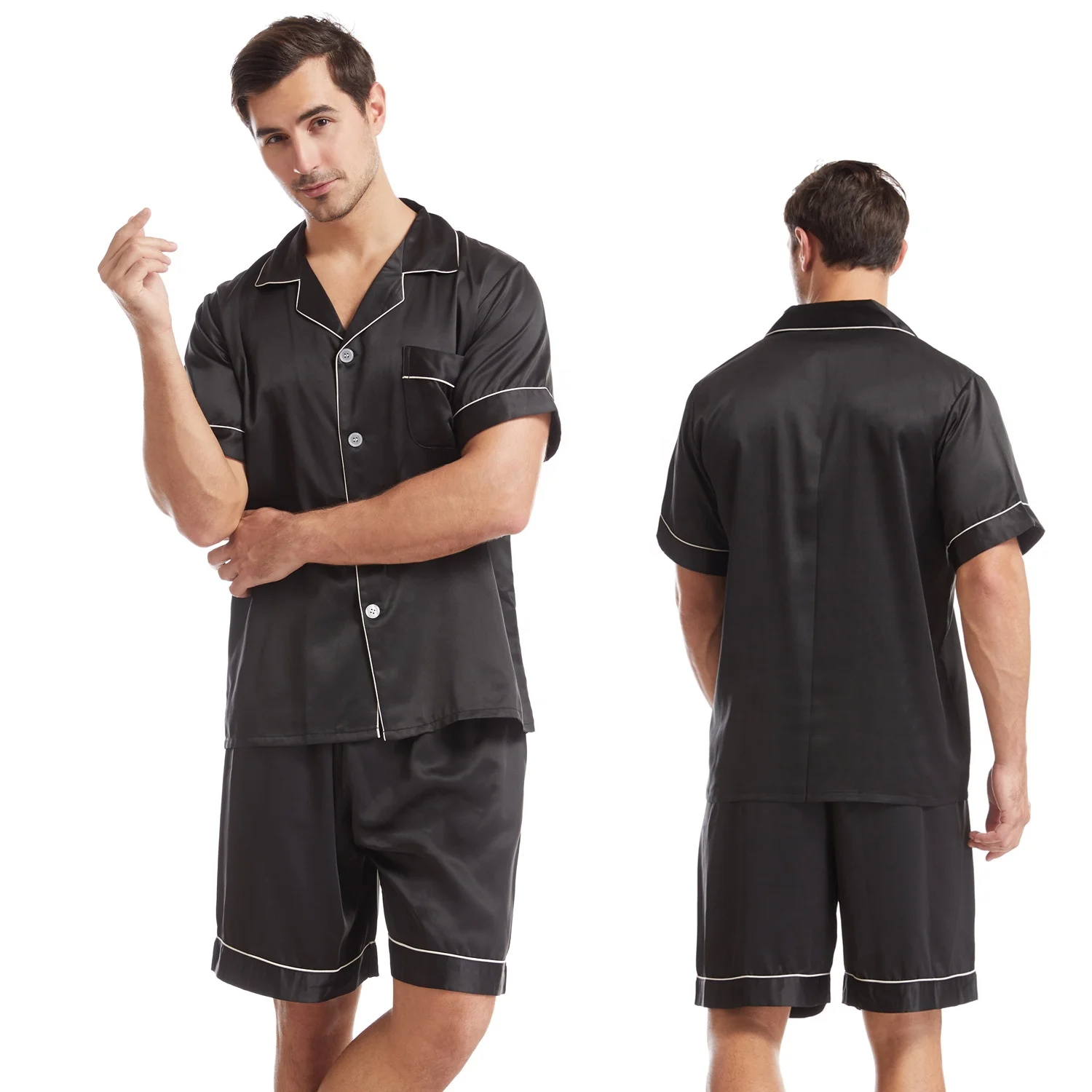 L465-1 2023 Hot Sale Summer short sleeve stain casual custom logo wholesale men's sleepwear 2 piece short pajamas sets