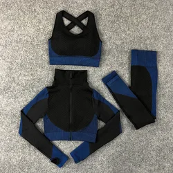 3 Pcs Seamless S-4XL Butt up Lifter Lulu Splicing Workout Gym Fitness Sets Women Sport Bra Croptop Jackets Fitness & Yoga wear