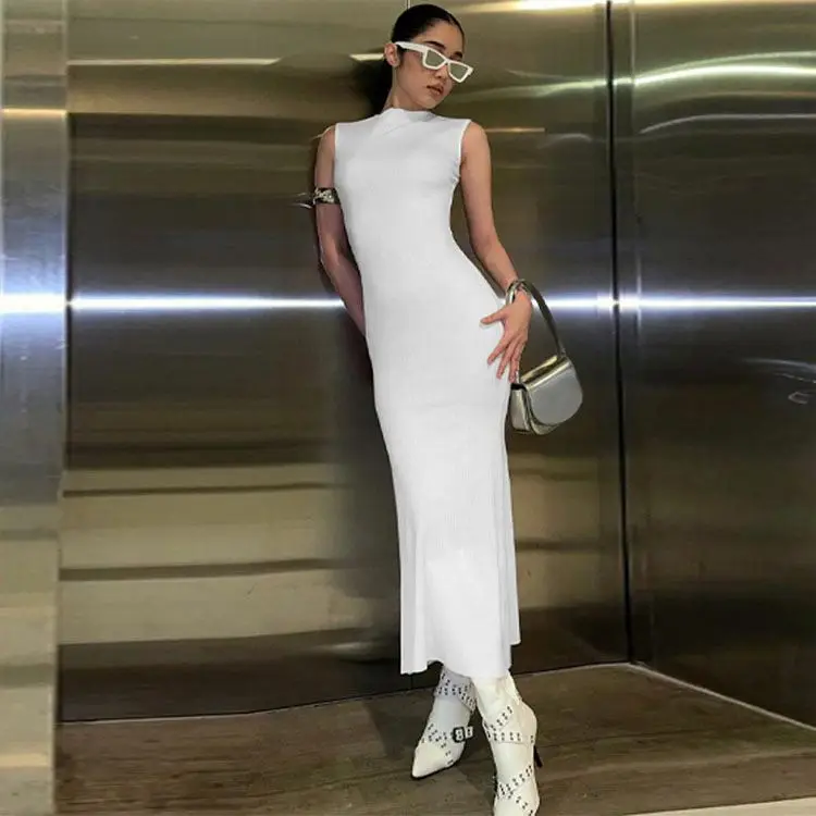 Sexy 2022 Solid Color Round Neck Sleeveless Long Backless Bodycon Dresses With Back Split