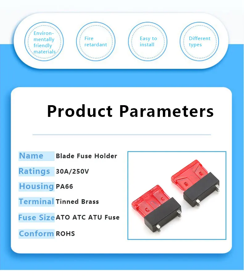 Black ROHS Certified 30A Max Current PCB Fuse Holder Automotive Standard Blade Fuse Clip