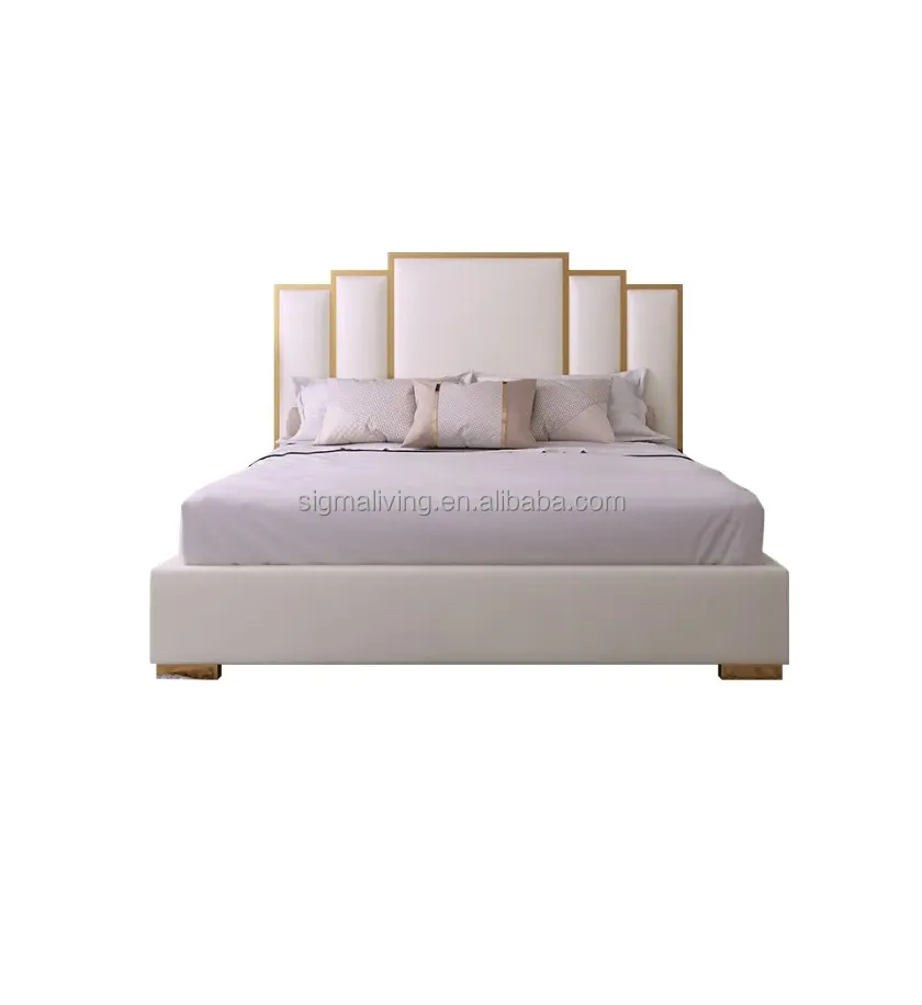 Modern white geometric headboard included faux leather queen upholstered bed