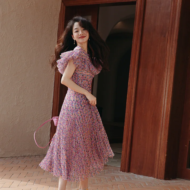 Wind Gauze Print Long Skirt Dress 