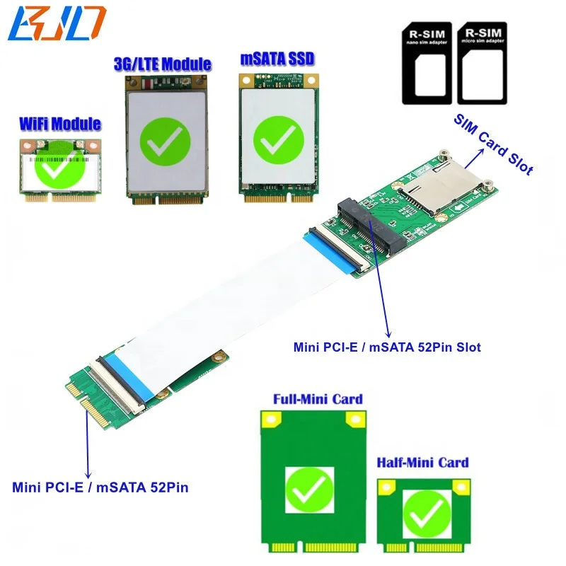 Mini PCI Express PCI-e Card Extender 52pin M to Female Flexible Extension Cable 