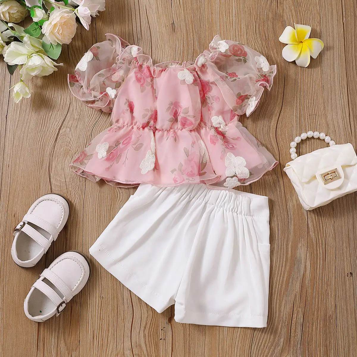 RTS 2023 kids clothing princess little girls printing embroidery lace bubble sleeve tops button shorts two piece girl's set