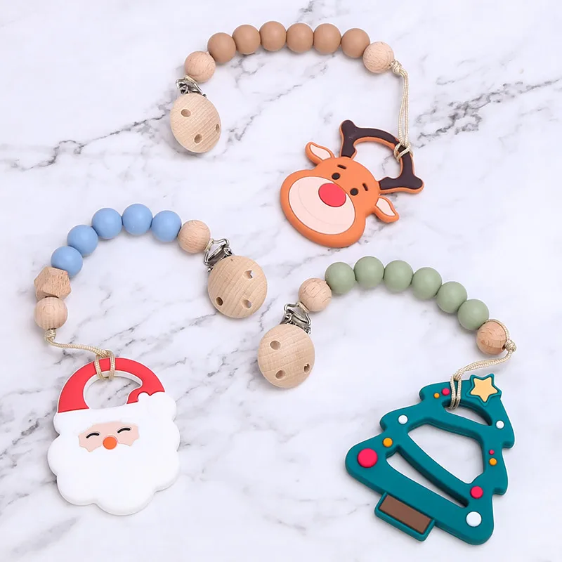 Christmas Rainbow Beads Toys Ring Wooden Silicone Baby Teethers Set
