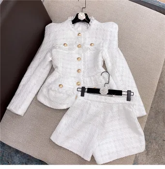 New autumn/winter 2021 fashion white bright silk tweed jacket jacket shorts ladies set two sets women blazer jacket
